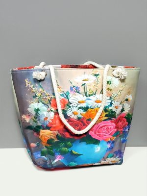 Gül Desenli Plaj Çantası-Açık Mavi