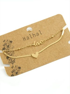 Kalp Love Yazılı Lüks Çelik Halhal-Sarı