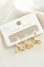 3 Adet Gökkuşağı Zirkon Taşlı Küpe-Sarı - Görsel 2