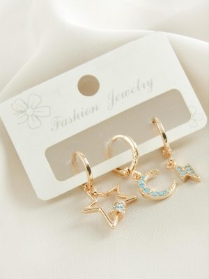 3 Adet Hilal Yıldız Zirkon Taşlı Küpe-Sarı