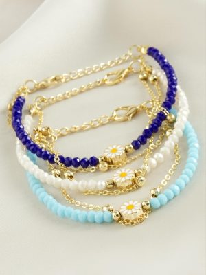 Papatya Zincir Kristal Bileklik-Mavi