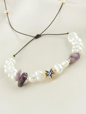 Deniz Yıldızı  Kırık Doğaltaşlı İnci Bileklik-Kahverengi