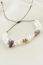 Deniz Yıldızı  Kırık Doğaltaşlı İnci Bileklik-Fuşya