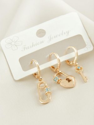 3 Adet Kalp Zirkon Taşlı Küpe-Sarı