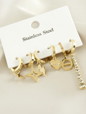 6 Adet Yıldız  Zirkon Taşlı Lüks Çelik Küpe-Sarı