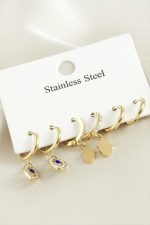 6 Adet  Göz Zirkon Taşlı Lüks Çelik Küpe-Sarı