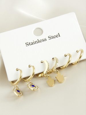 6 Adet  Göz Zirkon Taşlı Lüks Çelik Küpe-Sarı