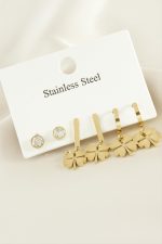 6 Adet Yonca Zirkon Taşlı Lüks Çelik Küpe-Sarı