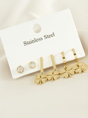 6 Adet Yonca Zirkon Taşlı Lüks Çelik Küpe-Sarı