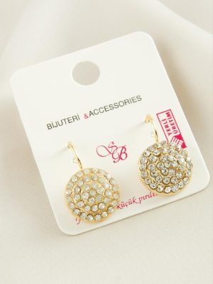 Yuvarlak Taşlı Klipsi Küpe-Sarı