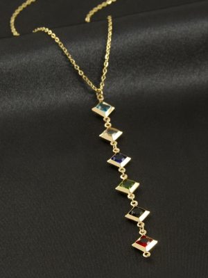 Kare Kristal Taşlı Çelik Kolye-Sarı