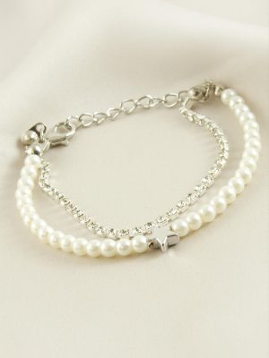 Yıldız Şerit Taşlı İnci Bileklik-Gümüş Rengi