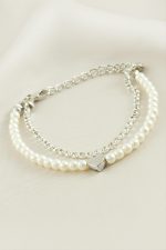 Kalp Şerit Taşlı İnci Bileklik-Gümüş Rengi - Görsel 2