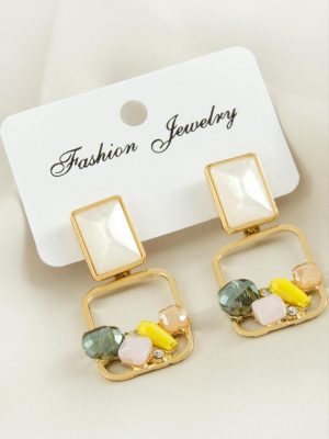 Dikdörtgen Sedef Taşlı Küpe-Sarı