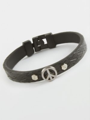 Barış İşareti Kaliteli Suni Deri Bileklik-Siyah
