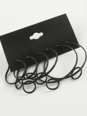 Çizgili Metal Halka Küpe 6 Adet-Siyah