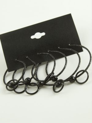 Noktalı İç İçe Metal Halka Küpe 6 Adet-Siyah