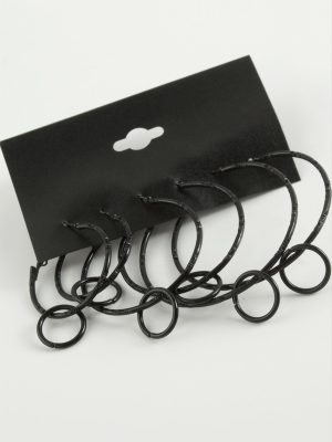 Noktalı İç İçe Metal Halka Küpe 6 Adet-Siyah