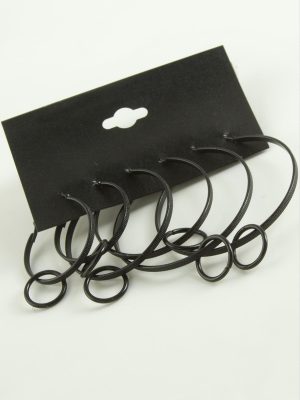 Noktalı İç İçe Metal Halka Küpe 6 Adet-Siyah