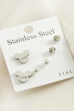 6 Adet Ayıcık Taşlı Çelik Küpe-Gümüş Rengi - Görsel 2