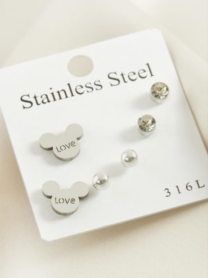 6 Adet Ayıcık Taşlı Çelik Küpe-Gümüş Rengi