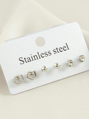 6 Adet Kedi Taşlı Çelik Küpe-Gümüş Rengi