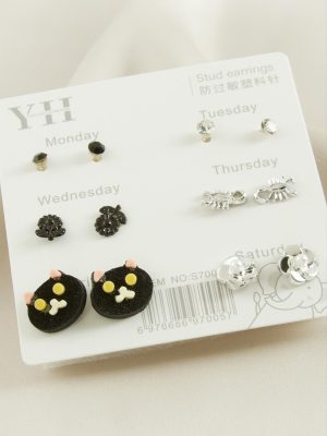 12 Adet Kedi Metal Taşlı Küpe-Gümüş Rengi