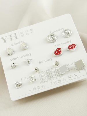 14 Adet Karışık Metal Taşlı Küpe-Gümüş Rengi