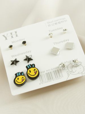 12 Adet Emoji Metal Taşlı Küpe-Gümüş Rengi