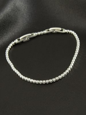 Yuvarlak Zirkon Taşlı Lüks Kararmaz Bileklik 2 mm-Gümüş Rengi