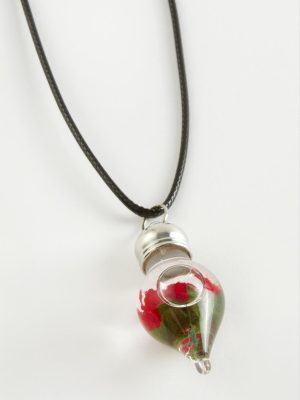 Gül Sulu Fanus Canlı Kolye-Kırmızı