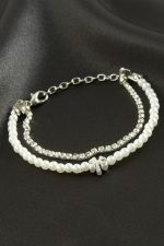 Yonca Şerit Taşlı İnci Bileklik-Gümüş Rengi