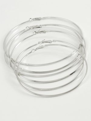 Çizgili Ezme Metal Halka Küpe 6 Adet-Gümüş Rengi