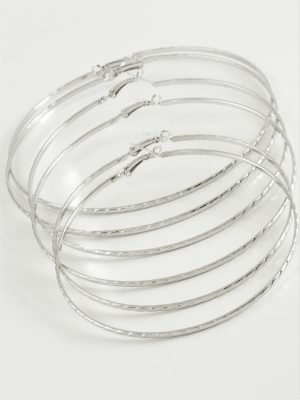 Zincir Desenli Metal Halka Küpe 6 Adet-Gümüş Rengi