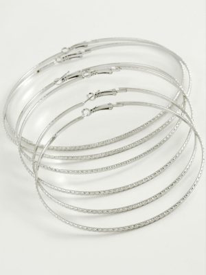 Zikzak Desenli Metal Halka Küpe 6 Adet-Gümüş Rengi