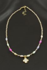 Çiçek Sedef Cam Boncuk Kristal Kolye-Sarı