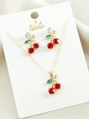 Kiraz Zirkon Taşlı Set Kolye-Kırmızı