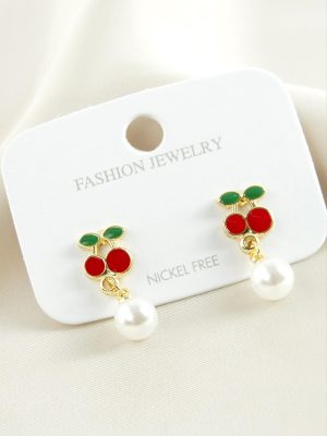 Kiraz Mineli İnci Küpe-Kırmızı