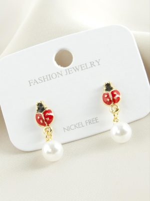 Uğur Böceği Mineli İnci Küpe-Sarı