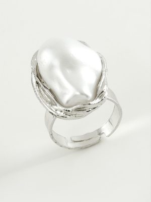 Oval İnci Metal Yüzük-Sarı