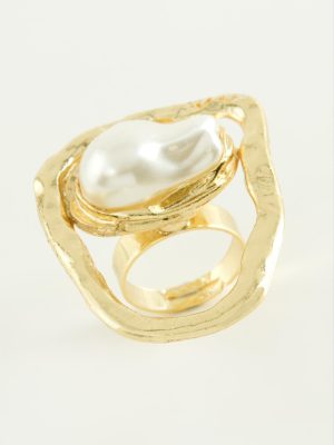 Oval İnci Metal Yüzük-Sarı