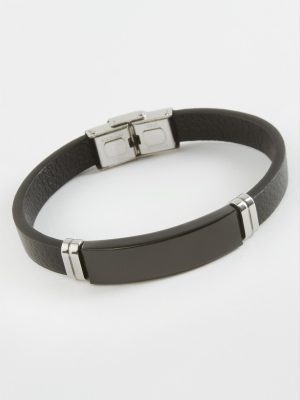 İsim Yazılabilir Deri Çelik Bileklik-Siyah