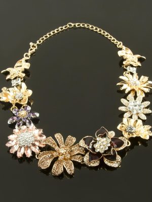 Çiçek Taşlı Lüks Yaka Kolye-Sarı