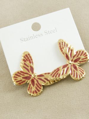 Kelebek Mineli Lüks Çelik Küpe-Kırmızı