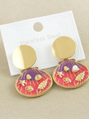 Oval Mineli Lüks Çelik Küpe-Sarı