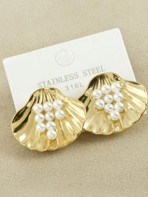 İstiridye İnci Lüks Çelik Küpe-Sarı