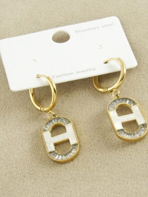 Oval Zirkon Taşlı Lüks Çelik Küpe-Sarı