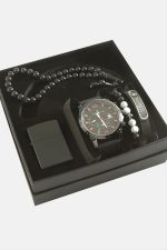 Kayışlı Kol Saati Tesbih Bileklik ve Çakmak Kutulu Set-Siyah
