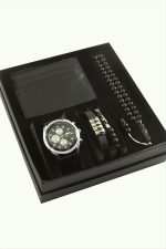 Kayışlı Kol Saati Tesbih Bileklik ve Cüzdan Kutulu Set-Siyah