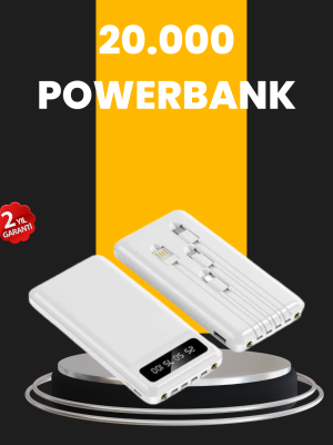 LED Işıklı 20.000mAh Powerbank LCD Gösterge Dahili Çoklu Kablo